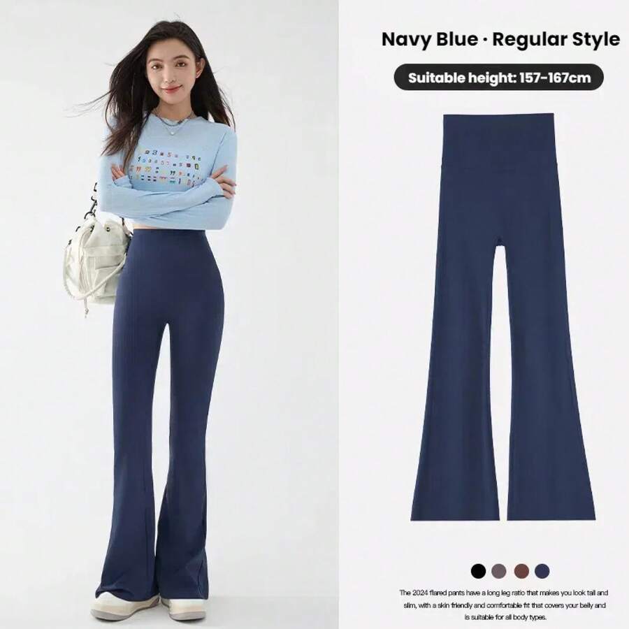 Nuevos pantalones de tiburón acampanados de cintura alta para mujer, pantalones de tiburón elásticos con corte de bota de verano, pantalones casuales Retro, ropa de calle para mujer - Marina 157 a 167CM - Ver 1
