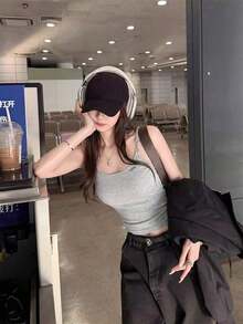 Korean Style Metal Chain Camisole Top Women, Fitted Slim Cropped Top Layering Or Outerwear, Minimalist LOVE Letter Print, Versatile Basic Tee, Sweet & Cool Girl Commute & Date Elastic Skin-Friendly Crop Top Casual Summer - Light Grey - View 8