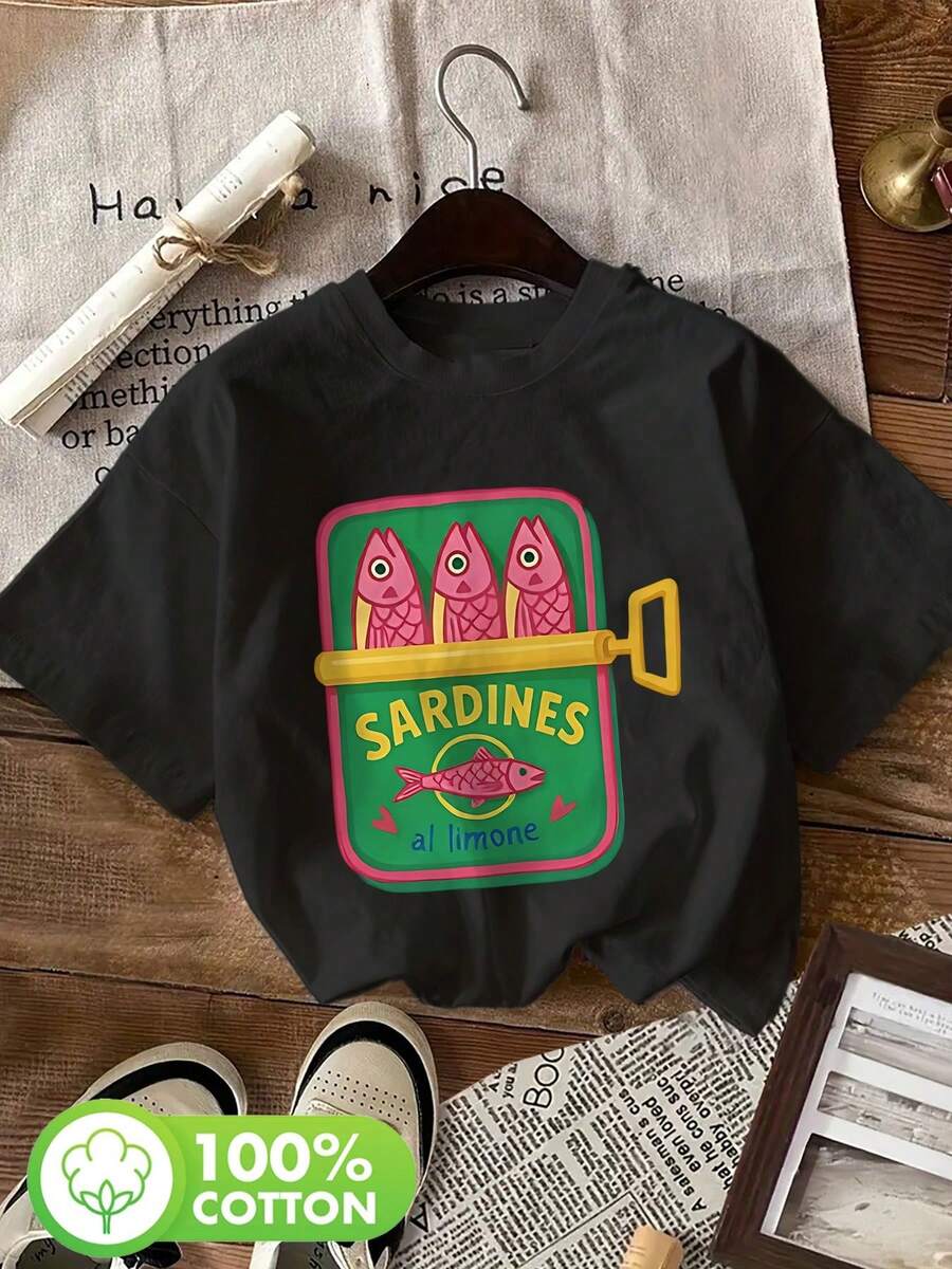 Spring/Summer Women's Top, Cartoon Style, "Sardines Al Limone" Print, Simple, Suitable For Everyday Wear, Short-Sleeved, Round Neck, Women's T-Shirt. - Black - View 1