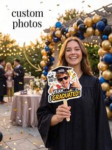 1 pièce Éventail photo de remise de diplôme personnalisé, panneau à découpe de visage drôle de style bande dessinée, cadeau de remise de diplôme pour enfant, accessoire pour photomaton de fête, "On l'a fait, ouais, j'ai obtenu mon diplôme" Panneau de remise de diplôme - Bleu marine - Voir 2