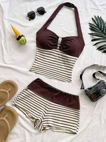 Conjunto Casual de 2 Piezas para Mujer: Top Halter a Rayas y Shorts para Vacaciones - Multicolor 2 - Ver 4