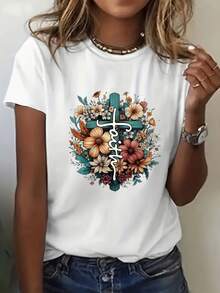 Women's Short-Sleeved Cotton T-Shirt, Elegant Cross-Letter Floral Print T-Shirt, Comfortable, Fashionable, Casual, Short-Sleeved, Round Neck, For Everyday Wear. - 白色 - 查看 4