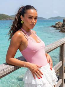 Women's Tight Thong Bodysuit Elegant Lace Patchwork Sleeveless Spaghetti Strap Backless Romper - 粉色 - 查看 3