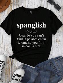 FASHIOGIRL Camiseta de Manga Corta con Estampado de Lema para Mujer, Camisetas Gráficas, Tops para Mujer - Negro - Ver 4