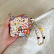 Cute Plaid Pattern Full Screen Animal Design Phone Case With Splatter Bead Chain Wrist Strap, Compatible With Samsung Galaxy ZFlip7 Z Flip6 ZFlip 5 Zflip6 Zflip5, Shockproof Back Cover - Off-white - View 1