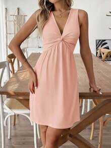 Vestido corto de verano sin mangas, de color liso y con torsión, de estilo casual - Rosa - Ver 5