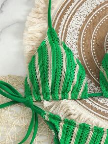 Swim Vcay Set de 3 piezas de cubrecosturas de crochet con cordón estilo boho para bikini - Verde - Ver 4