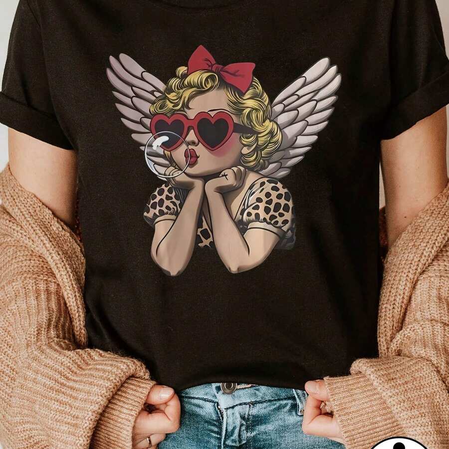 Plus Size Women's T-Shirt With Vintage Cherub Graphic Print With Heart-Shaped Sunglasses, Short Sleeve, Round Neck, Casual Top For Summer And Spring, Women's Clothing - 黑色 - 查看 1