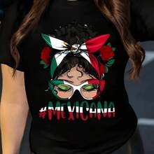 Camiseta Casual de Mujer Extra Grande y Oversize, 100%  con Estampado Mexicano - Manga Corta, Cuello Redondo, Moda Primavera/Verano, Regalo Perfecto para Hermana o Esposa, Diseño Festivo con Rosas y Sombrero, Estampado Mexicano Vibrante, Ajuste Cómodo - Negro - Ver 1