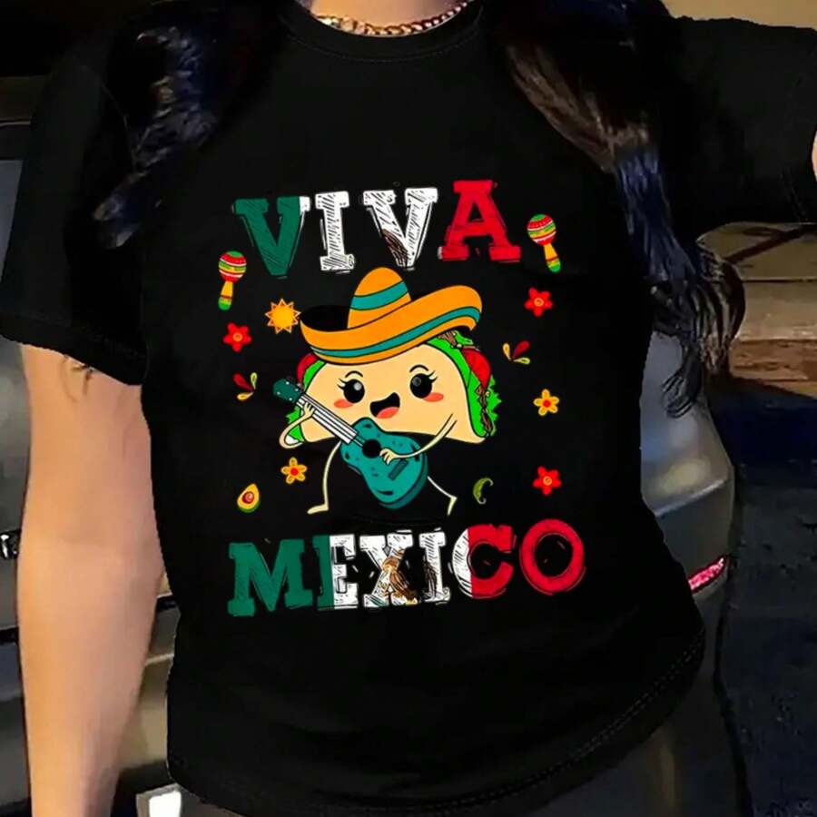 Camiseta Gráfica MGY para Mujer Talla Grande "Viva México" - 100% , Manga Corta, Cuello Redondo, Diseño Vibrante de Cultura Mexicana con Maracas, Sombrero y Chile, Estampado en Negro y Rojo/Verde Azul, Lavable a Máquina, Cómoda para Todas las Estaciones - Negro - Ver 1