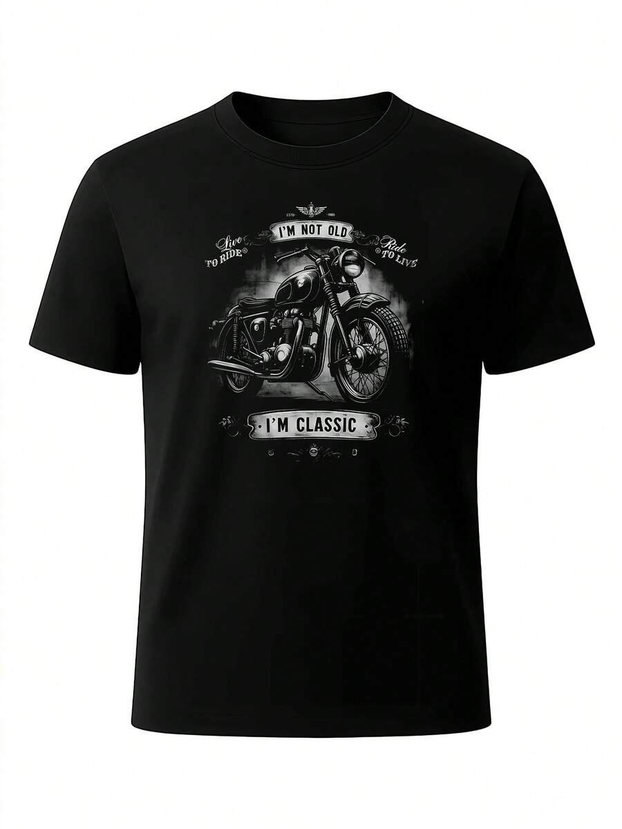 Camiseta gráfica de motocicleta clásica vintage para hombre, camiseta gráfica de motociclista negra con el lema Vive para conducir, Conduce para vivir, camiseta informal de manga corta para motociclista. - Negro - Ver 1