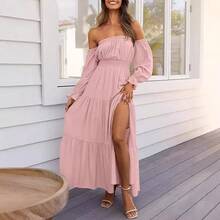 Bohemian Off Shoulder Ruched Side Slit Long Dress Summer Sexy Holiday Beach Casual Wear - Pink - View 3