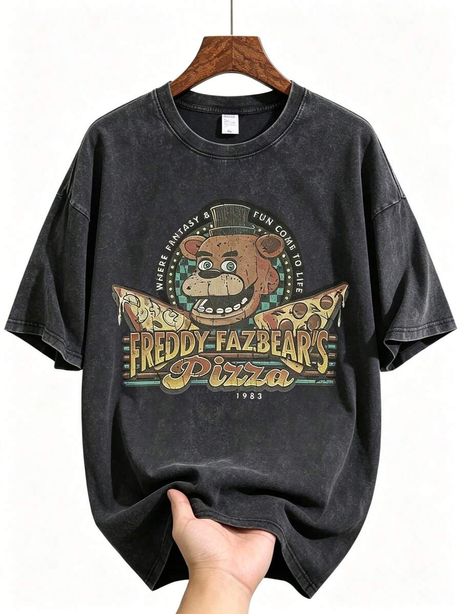 Vintage Washed Five Ni Ghts At Fre Ddy's T-Shirt | Retro Graphic Tee | 100% Cotton Oversized Streetwear - 黑色 - 查看 1