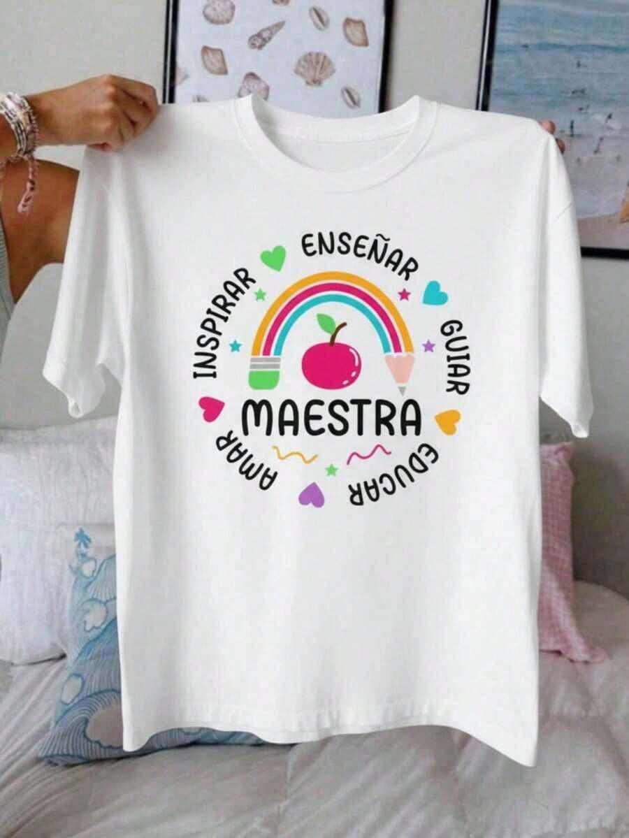 Playera camiseta mujer dama cuello redondo manga corta estampado GRAFICO DE MAESTRA ENSEÑADORA TEACHER MAETA PROFESORA GRAPHIC - Blanco - Ver 1