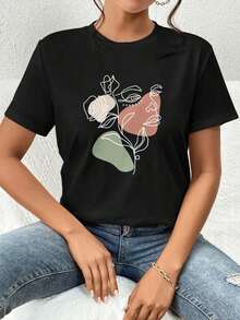 Camiseta Casual para mujer con corte holgado, estampado floral, cuello redondo y manga corta.Adecuada para verano. - Negro - Ver 5