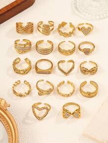 2/4/6/8/12pcs Stainless Steel 18K Gold Plated Mixed Pattern Rhinestone Inlaid Open Ring Set, Assorted Styles Randomly Shipped - Yellow Gold - View 3