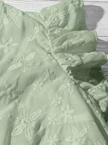 Camisa casual de jacquard con volantes en el bajo y mangas cortas, elegante para el verano y vacaciones - Verde - Ver 3