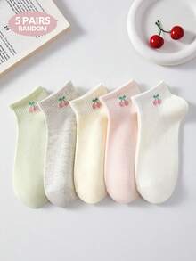5 Pairs Women Cute Sweet Breathable Cherry Pattern Ankle Socks, Invisible Socks, White Socks, Candy Color Socks, Pink Socks, Student Socks, Minimalist Socks, Suitable For Spring And Summer Daily Casual Wear - Multicolor - View 12