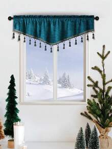 1pc Peacock Blue Curtain, Vintage Chenille V-Shaped Tassel Valance, Suitable For Window And Door Decor - Peacock Blue-v - View 5