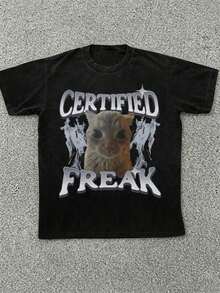 Camiseta de manga corta con ajuste holgado y estilo vintage con gráfico de meme de gato "Certified Freak" para mujer, regalo divertido para amantes de las mascotas, adecuado para uso diario en primavera/verano - Negro - Ver 1