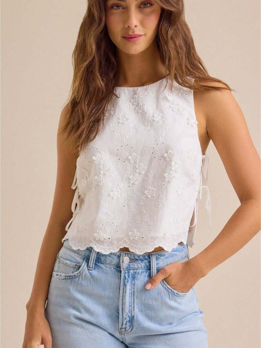Women Summer Tank Tops Casual Tie up Side Floral Embroidery Sleeveless Shirt Basic Vest for Streetwear - Blanco - Ver 1