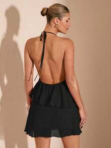 Vestido corto de gasa con hojas de loto en cascada de color rojo sólido, adecuado para citas diarias, salidas nocturnas, discotecas, fiestas, reuniones, fiestas de cóctel, fiestas de piscina, ropa de vuelta al colegio, vestidos de temporada esco - Negro - Ver 2