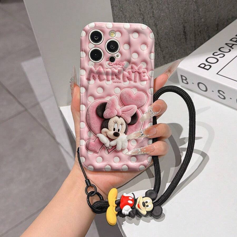Disney Mickey Mouse Clubhouse Phone Case : 3D Fluffy Pattern Border Protector Phone Soft Phone Case With A Free Cute Mickey Bracelet Chain Lanyard, Mickey, Minnie, Goofy, Donald Duck, Daisy Duck, Pluto, For Apple 17 Promax 17 Pro 16 15 14 13 12 11 Pro Max XS Max X XR Soft Cover Summer Phone Case - 白色 - 查看 1