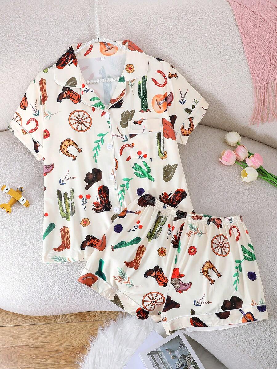 [Livanti Pajamas]2pcs/Set Women Lightweight Short Sleeve Sleepwear Set, Collared Button-Down Shirt With Floral & Cowboy Boot Prints, Comfortable & Loose Fit, Suitable For All Seasons