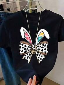 Women's White T-Shirt With Bunny Ears And Paws In Leopard Print,  Animal Print Camisole, Casual Summer Blouse With Cute Bunny Design, Stylish And Fun Top For Everyday Wear Or As A Gift. Women's T-Shirt. Blouses > Elegant. Boho Chic, Round Neck Printed T-Shirt With Cartoon Design. - 黑色2 - 查看 10