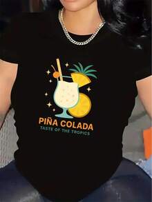 This Oversized Women's Short-Sleeved T-Shirt With A Pineapple Cocktail Design Is Made From A Lightweight Yet Durable Fabric, Making It Perfect For The Beach, Pool, Or Tropical-Themed Parties. It Offers A Comfortable Fit And Is Suitable For Casual Summer Outings. - 黑色 - 查看 6