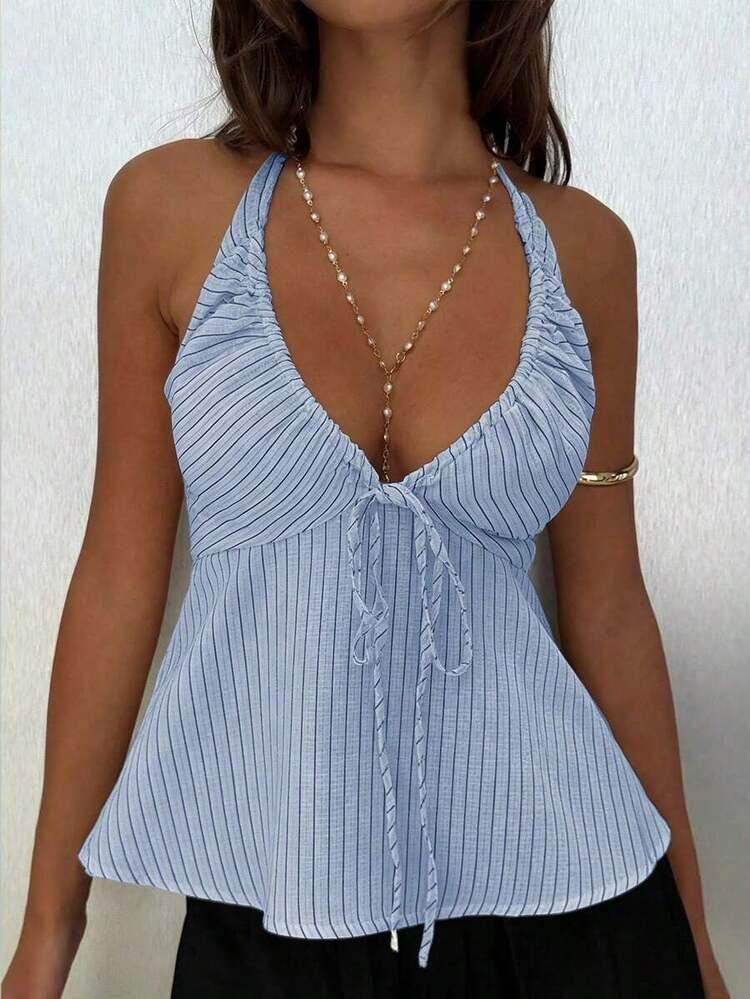Camiseta de mujer con cuello halter sexy de cuello en V profundo y amarres delanteros a rayas - Azul - Añade 8