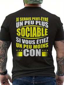 Men's T-Shirt With A Funny French Quote Print On The Back - "Je Serais Plus Un Peu Social" - Humorous Phrase - Breathable Fabric, Short Sleeves, Crew Neck, Casual Style - With Yellow Text - Funny Gift For Men - Comfortable And Fun Graphic T-Shirt For All Seasons With Geometric Design - Loose And Comfortable For Summer. - Black - View 6