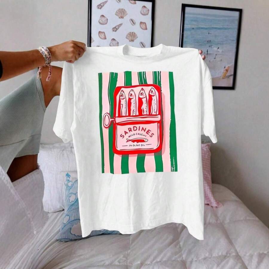 Camiseta de mujer de verano, nueva, con estampado de patrón de pescado salado a rayas, de manga corta y cuello redondo, para comercio transfronterizo europeo y americano. - Blanco - Ver 1