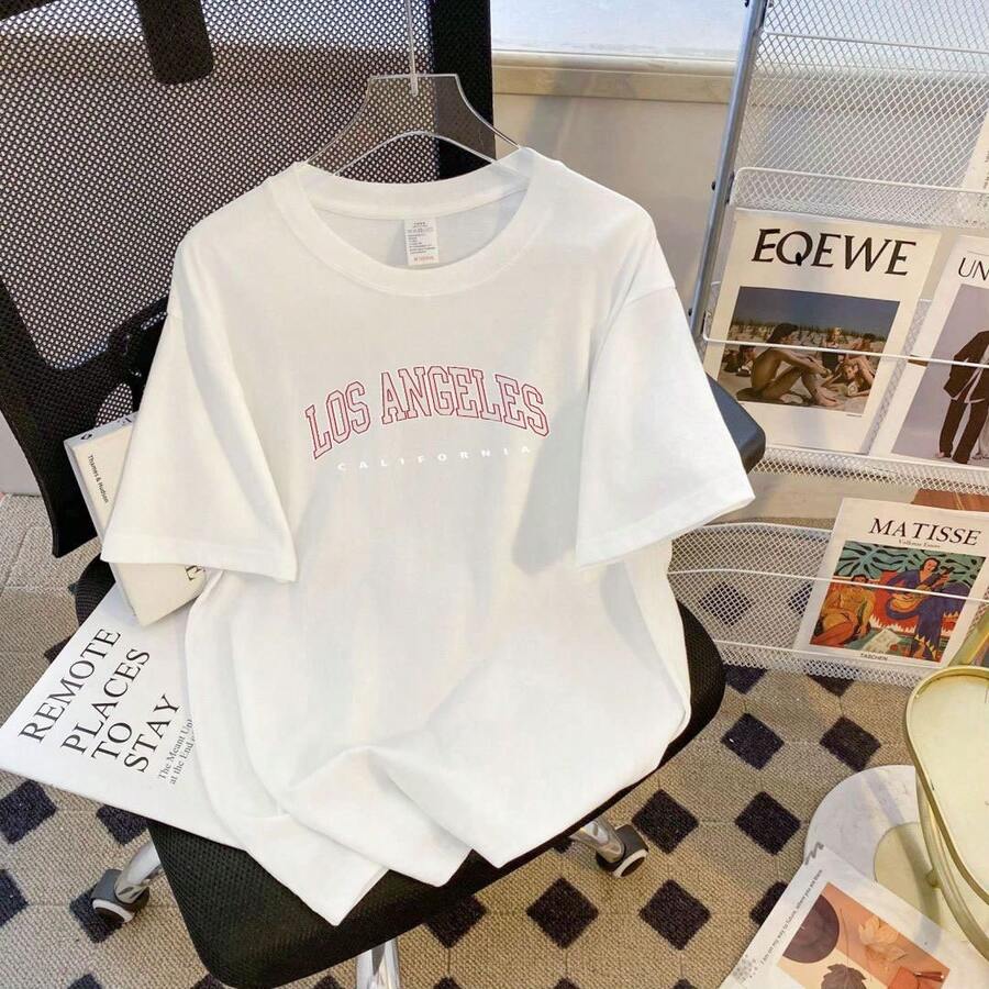 Camiseta de manga corta para mujer, 100% algodón de alto gramaje, estilo coreano, novedad de verano 2025, diseño holgado, top versátil y a la moda. - Negro - Ver 1