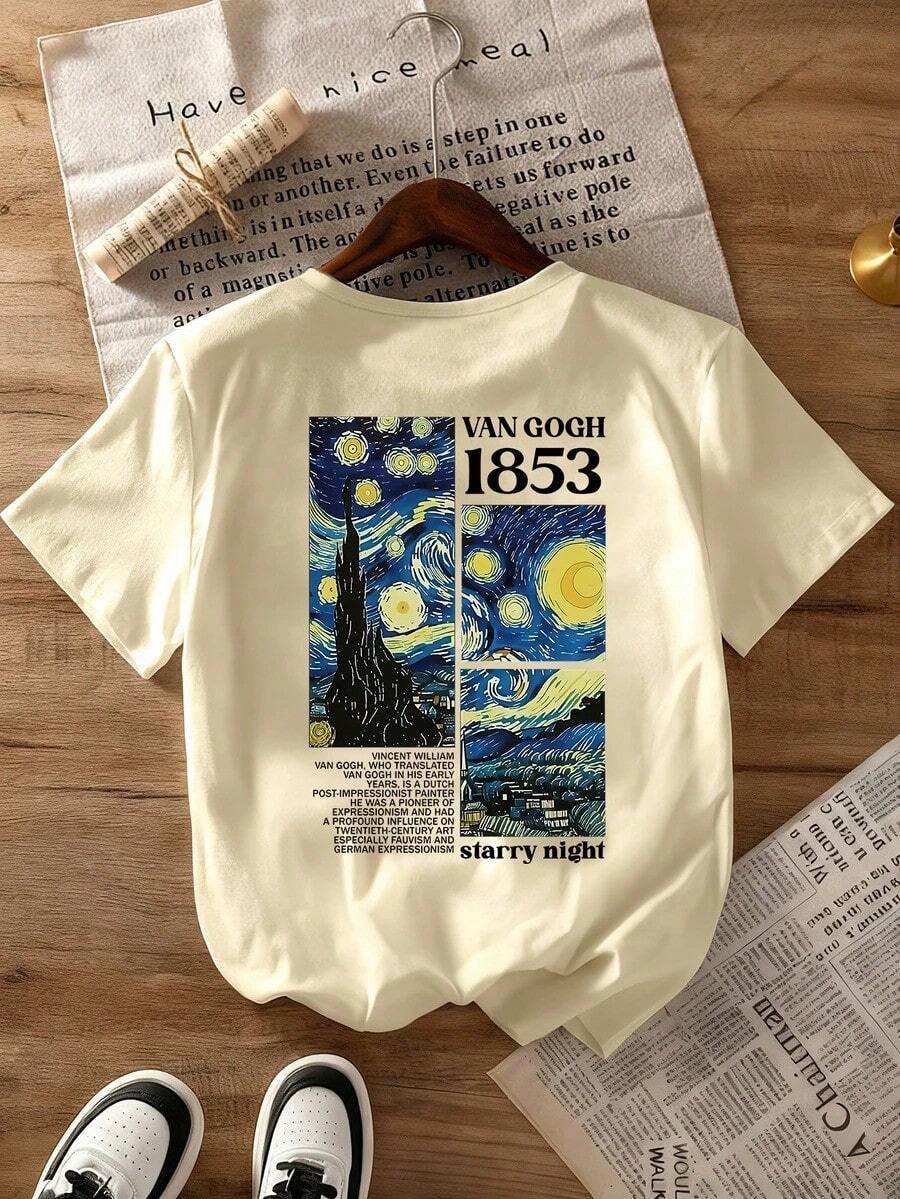 Women's Casual T-Shirt, A Tribute To Van Gogh's Masterpiece "The Starry Night" And A Numbered Pattern From 1853, Comfortable And Versatile For Spring/Summer, With A Round Neck And Short Sleeves, Elegantly Printed. Pure-Cotton - 杏色 - 查看 1