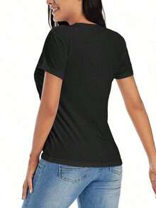 1 pieza de camiseta casual de manga corta para mujer, para enfermeras, con estampado geométrico "Gratitude & Nurse Life", color negro, lavable a máquina, cuello redondo, corte regular, para todas las estaciones, cómoda para uso diario, un regalo para profesionales de la salud. Camiseta de manga corta con estampado floral para mujer, ligera, elástica, de cuello redondo, informal, para actividades al aire libre y ropa de calle, 180g, 100% algodón. - Negro - Ver 2