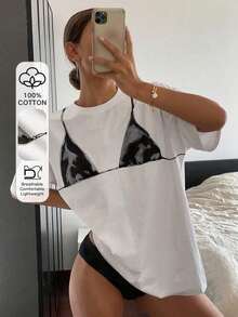 Camiseta de manga corta con cuello redondo para mujer, talla, con estampado gráfico minimalista, estilo casual urbano, con flores de cerezo estilo Y2K y lentejuelas. - Blanco - Ver 5