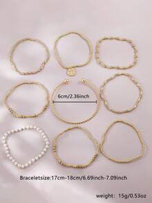 9pcs CCB Faux Pearl Bracelet Set, Cross Multi-Layer Stackable Bracelet, Women's Daily, Vacation, Party Accessory - Yellow Gold - View 6