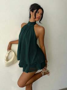Vestido mini elegante de mujer con cuello halter y lazo en color amarillo claro - Verde Oscuro - Ver 1