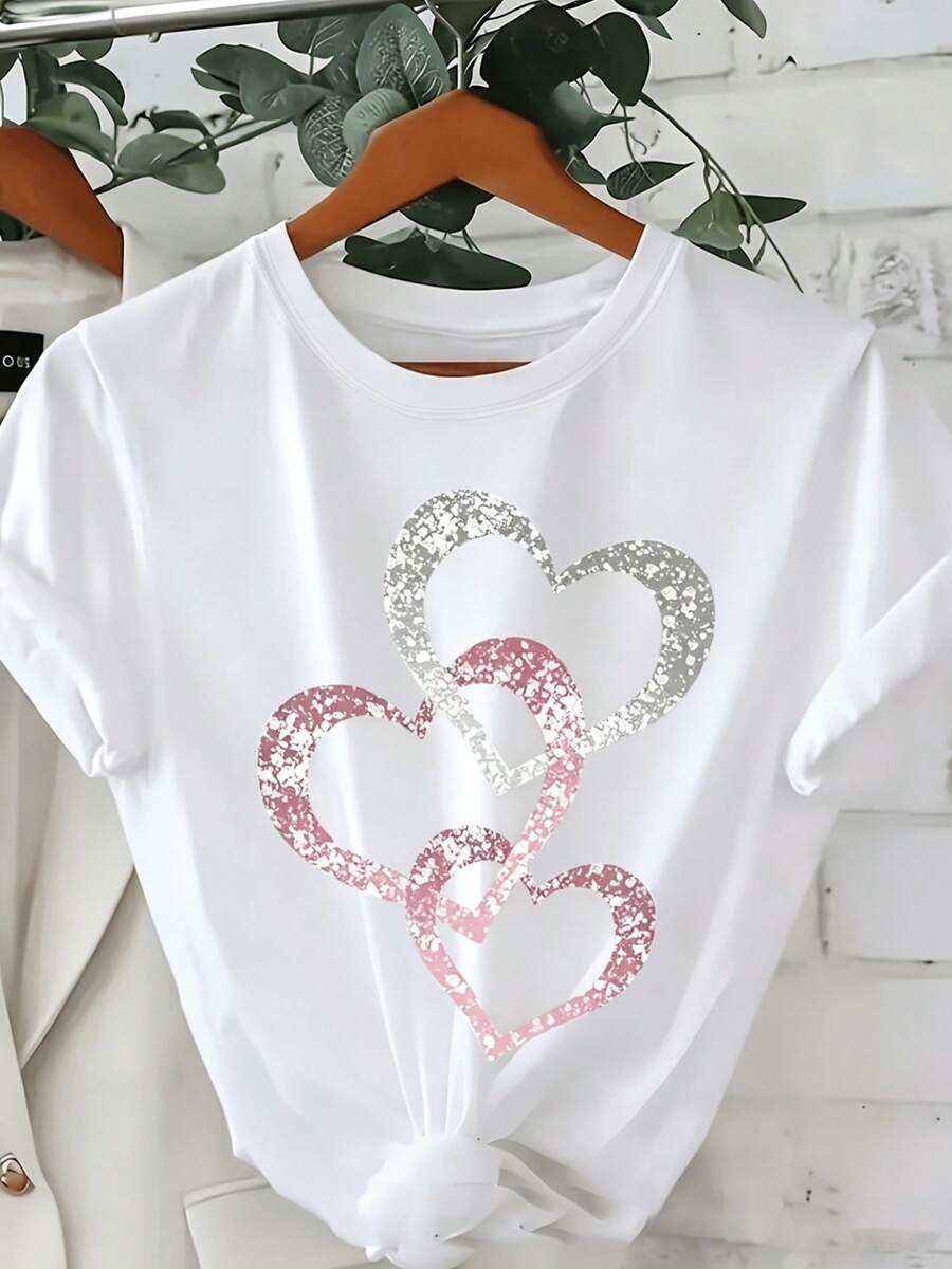 Women's Short Sleeve Cotton T-Shirt, Korean Style, Gradient Heart Print - Short Sleeve Round Neck Blouse For Summer, Suitable For Casual Outfits, Regular Fit, Not A Top, Machine Washable / Suitable For - 白色 - 查看 1