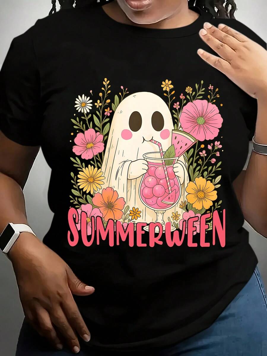 SimpleAndVersatileDesign Halloween T-Shirt, Suitable For Summer - A Spooky Halloween Design With Pink Drinks And Floral Details, Casual Short-Sleeved T-Shirt With Soft Round Neck, Perfect For Spring/Summer, Halloween T-Shirt, Summer Clothes, Fun Design Cotton T-Shirt. - 黑色 - 查看 1