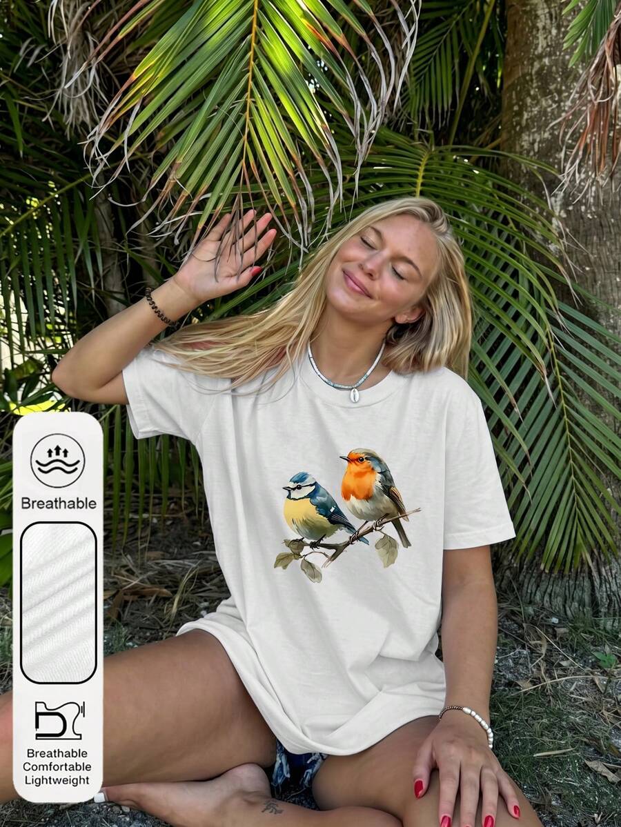 大码女式日常水彩罗宾图案圆领短袖优雅简约夏季女式白色上衣T恤 - 白色 - 查看 1