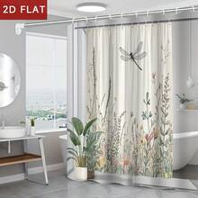 1pc Watercolor Dragonfly Wildflower Shower Curtain With Hooks, 70"X70" Waterproof Vintage Botanical Neutral Bathroom Curtain - 180*180厘米/70*70英寸 - 查看 2