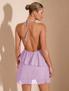 Vestido corto de gasa con hojas de loto en cascada de color rojo sólido, adecuado para citas diarias, salidas nocturnas, discotecas, fiestas, reuniones, fiestas de cóctel, fiestas de piscina, ropa de vuelta al colegio, vestidos de temporada esco - Púrpura malva - Ver 2