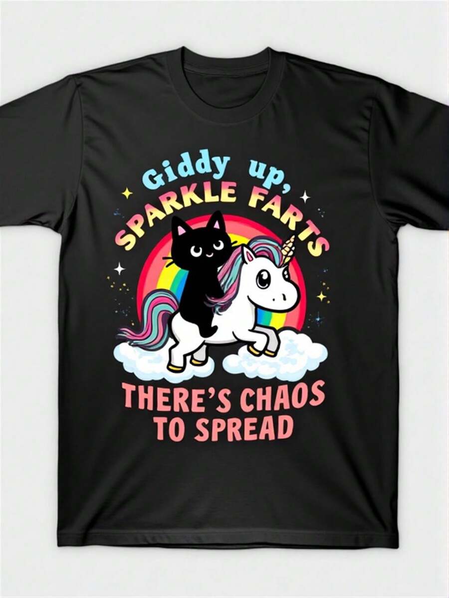 Fantasy Unicorn And Cat Print T-Shirt – This Fun Black Tee Features A Rainbow Mane, A Cloud Pattern, And The Playful Text "Control It, Shine Your Butt," Combined With A Bright Pink "Spread Chaos" Design. It's Specially Designed For Lovers Of Colorful And Quirky Fashion, Making It A Unique Casual Garment Suitable For Everyday Wear. - 黑色 - 查看 1