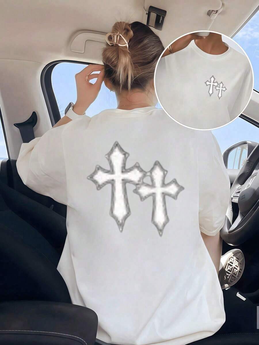 White Crosses Symbolize Strength And Hope, Reflecting Spiritual Balance In Every Artistic Stroke Against A Dark Background That Conveys Inner Serenity. Ladies' Double-Sided T-Shirt, 100% Cotton, 220g, Maija, Elegant Short-Sleeved For Women. - 白色 - 查看 1