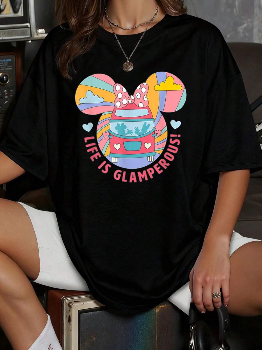 Colorful Ear-Shaped Motifs And The Phrase "Life Is Glamperous" Evoke Joy And An Adventurous Spirit. This Comfortable And Modern Casual T-Shirt For Women Is Perfect For Everyday Wear. - 黑色 - 查看 1