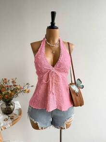 Conjunto de Playa Casual sin Espalda para Mujer, Estilo Bohemio, para Vacaciones, Festival de Música Hawaiana, Vacaciones Tropicales, Top Halter de Verano - Rosado Sandía - Ver 1