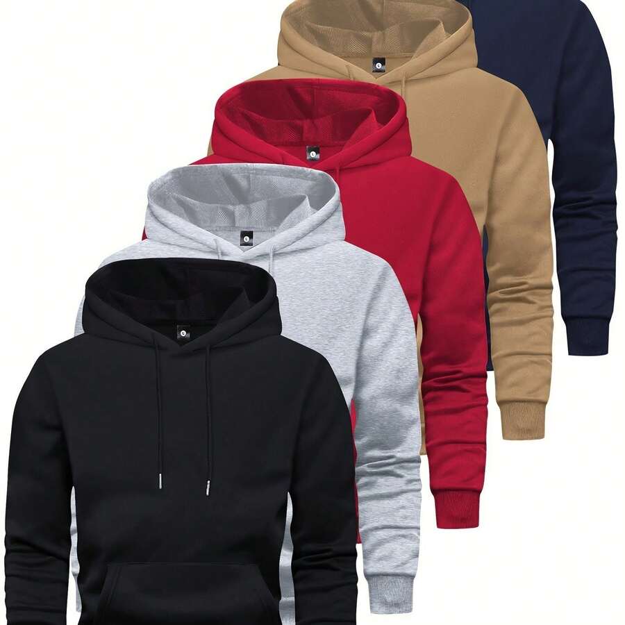 5pcs Men's Long Sleeve Sweatshirt Hoodie, Autumn/Winter Solid Color ...
