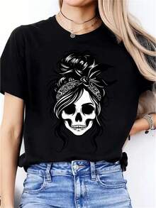 Women's Short-Sleeved Cotton T-Shirt, Modern And Cute Skull Design, Unique Style, Original Print, New Comfortable Casual Sports Round Neck T-Shirt For Women. - 黑色 - 查看 9